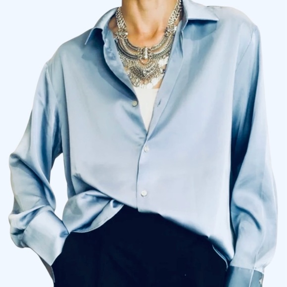 Cupcakes and Cashmere Blue Satin Blouse XL French Cuff Button Front Draped Shirt - Picture 2 of 10